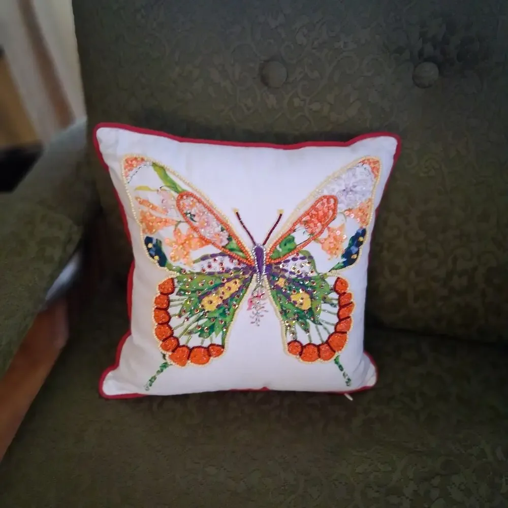 Soft Surroundings pillow cover + insert 12.5x12.5 beaded butterfly boho 70s